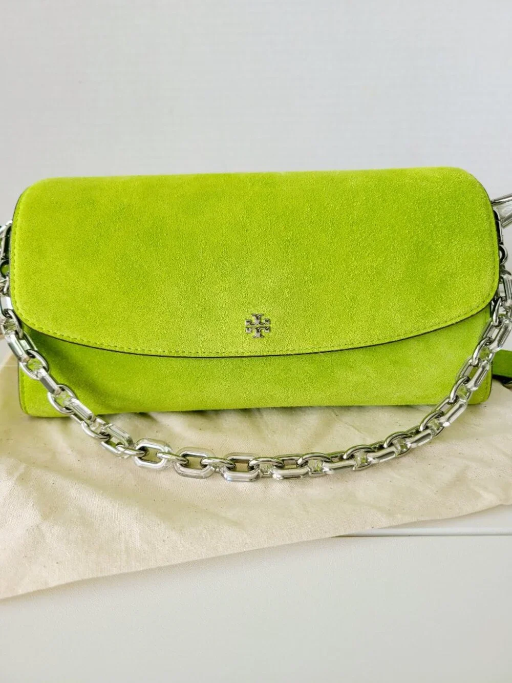 Tory Burch Rory Novelty Suede Flap Shoulder Bag Bitter Lime Multi Straps $675